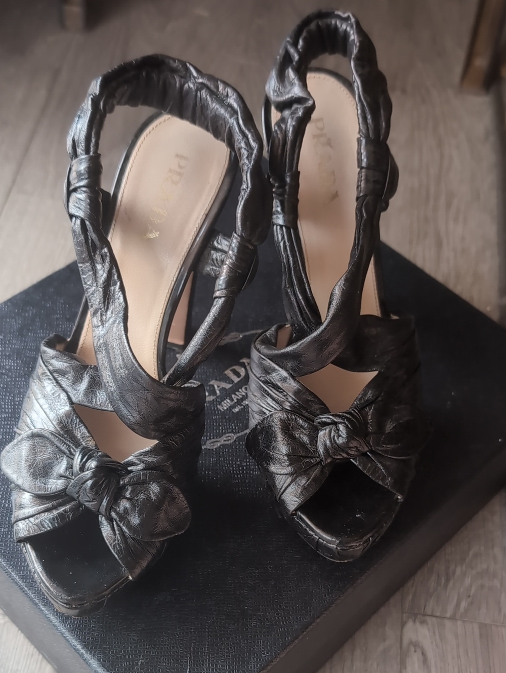 Vintage Prada Black Knotted Leather Slingback Heels